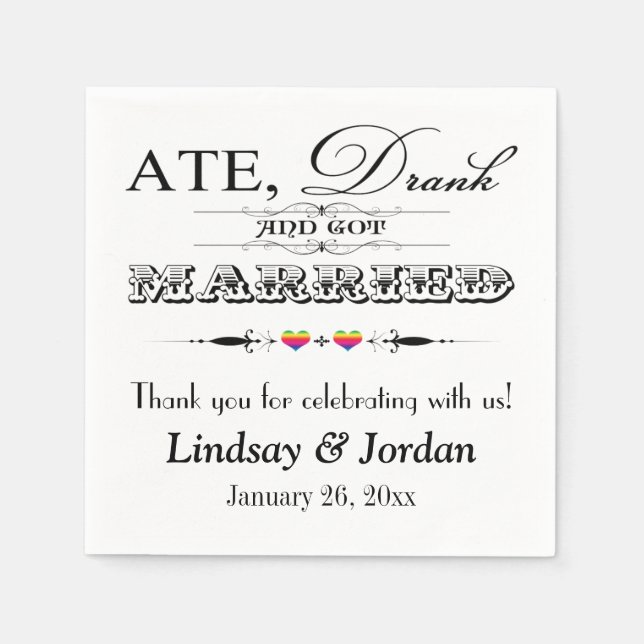 Rainbow Rand Hearts och Scrolls Bröllop Napkins Pappersservett (Framsidan)