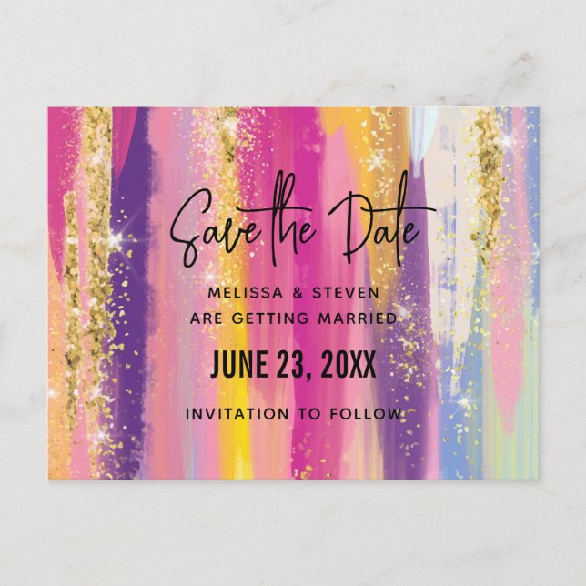 Rainbow Rand med Faux Glitter Spara datumet Inbjudan Vykort (Framsida)