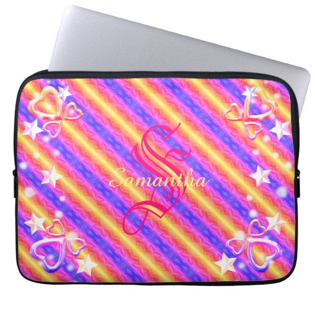 Rainbow Rand Monogram Namn Gnistra Hearts Girly Laptop Fodral (Framsidan)