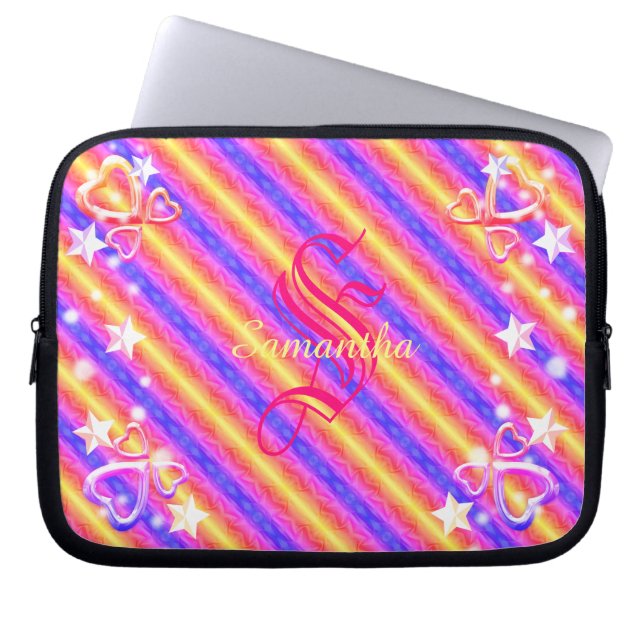 Rainbow Rand Monogram Namn Gnistra Hearts Girly Laptop Fodral (Framsidan)