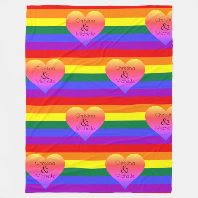 Rainbow Rand-Pride med Hearts & Custom Names Fleecefilt (Framsidan)