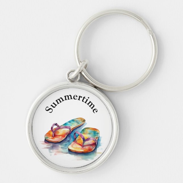 Rainbow Reef Flip Flops, anpassad Rund Silverfärgad Nyckelring (Framsidan)
