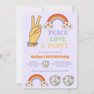 Rainbow Retro Hippie Peace Kärlek Party födelsedag Inbjudningar