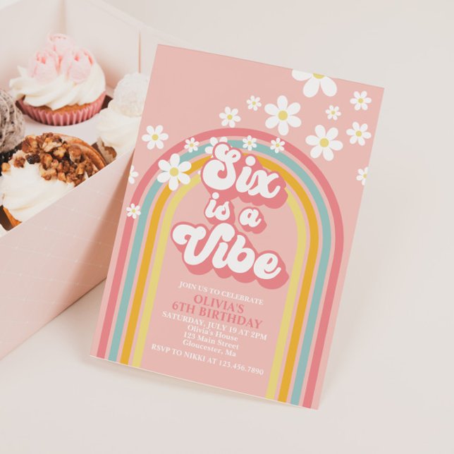 Rainbow Retro SIX är en Vibe Groovy 6e Birthday Inbjudningar (Skapare uppladdad)