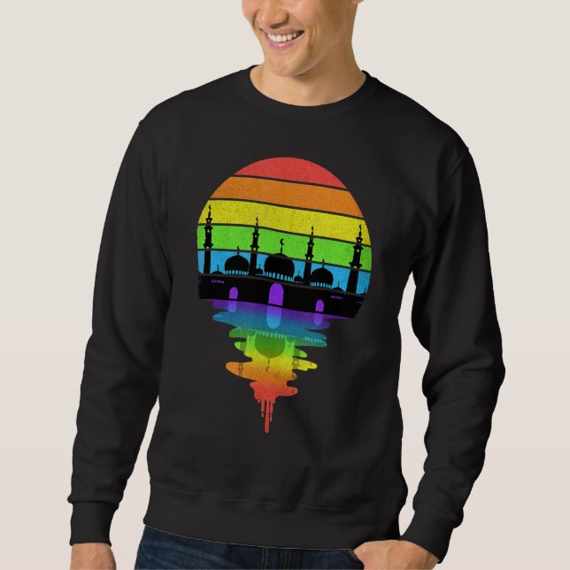 Rainbow Retro Sunset with Masjid Silhouette Lång Ärmad Tröja (Framsida)