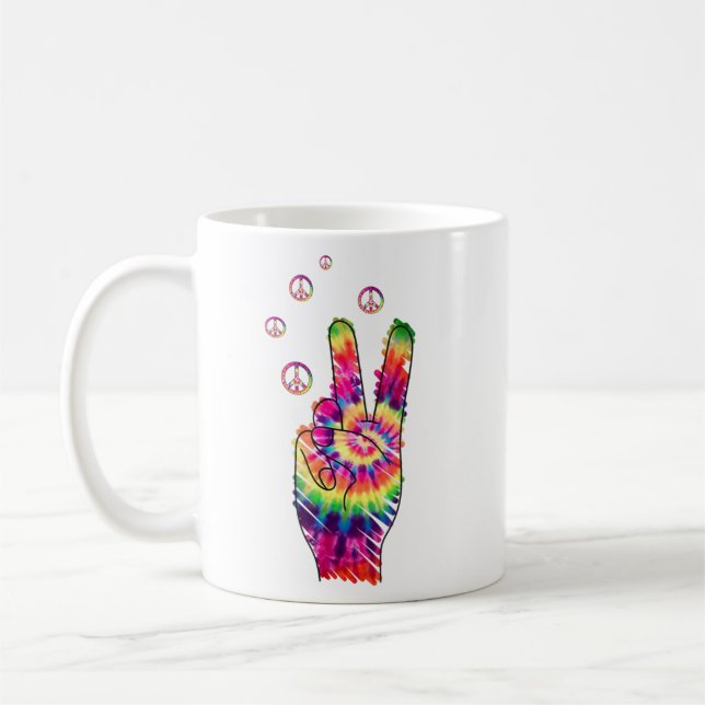 Rainbow Retro Tie Dye Psychedelic Peace Sign Hand  Kaffemugg (Vänster)