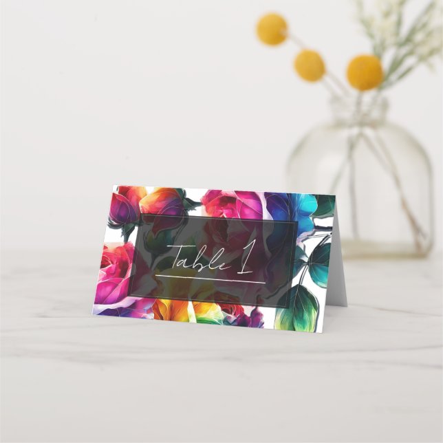 Rainbow Ro Black & White Vibrant Blommigt Bröllop Placeringskort (Framsida)