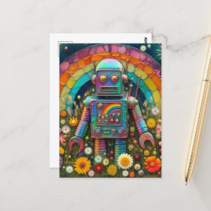 Rainbow Robot i en Flower Meadow Vykort