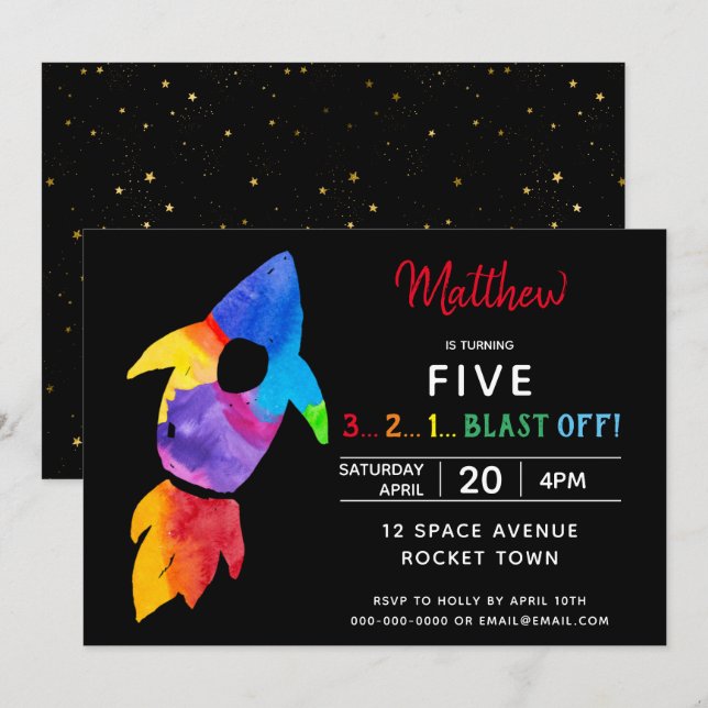 Rainbow Rocket Frakt Rymden Födelsedagsfest Inbjudningar (Fram/baksida)