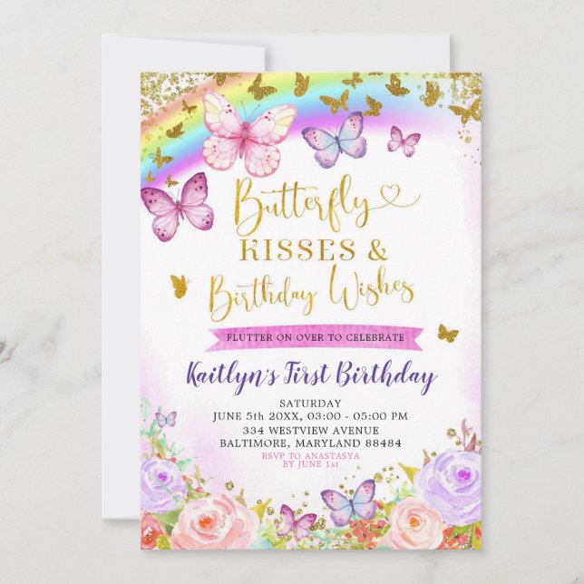 Rainbow Rosa and Lila Butterfly Birthday Inbjudan (Framsida)