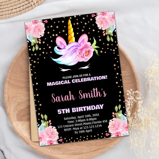 Rainbow Rosa Black Unicorn Birthday-inbjudningar Inbjudningar (Rainbow Pink Black Unicorn Birthday Invitations)
