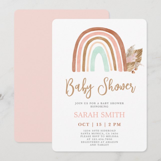 Rainbow  rosa boho Baby Shower Girl Inbjudningar (Fram/baksida)