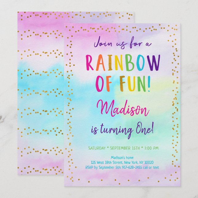 Rainbow Rosa Guld Watercolor Birthday Inbjudningar (Fram/baksida)