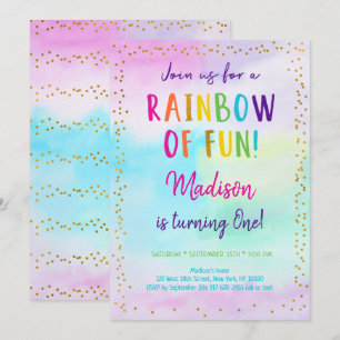 Rainbow Rosa Guld Watercolor Birthday Inbjudningar