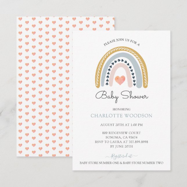 Rainbow Rosa Heart Baby Shower Inbjudningar (Fram/baksida)
