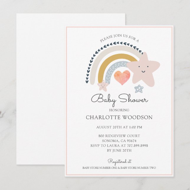 Rainbow Rosa Heart Girl Baby Shower-inbjudan Inbjudningar (Fram/baksida)