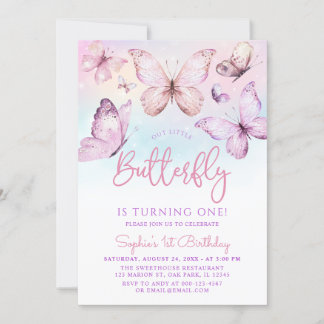 Rainbow Rosa Lila Girl Girl Girl Butterfly 1:a föd Inbjudningar