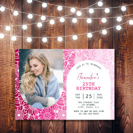 Rainbow Rosa Rand Blommigt  Arch Photo Birthday Inbjudningar