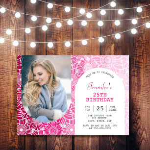 Rainbow Rosa Rand Blommigt  Arch Photo Birthday Inbjudningar