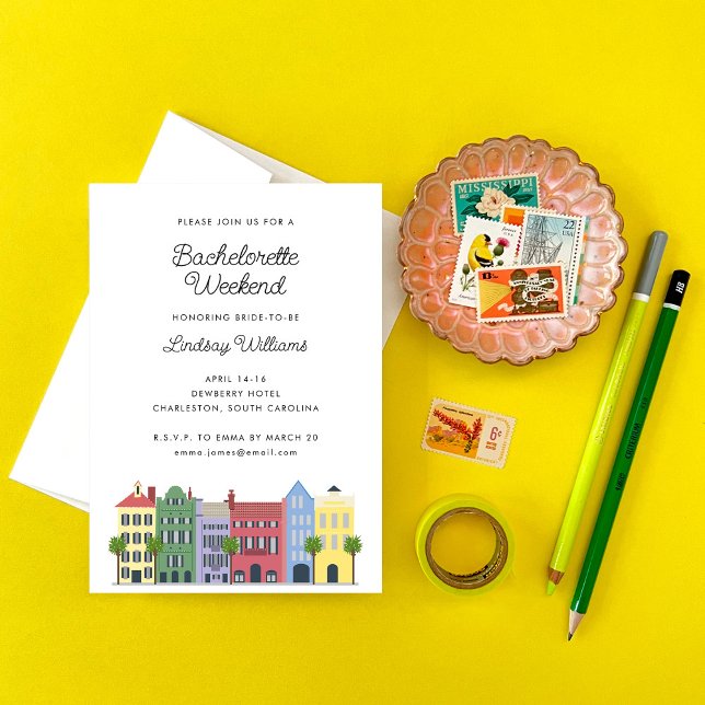 Rainbow Row Girls Helg-inbjudan Inbjudningar (Rainbow Row Bachelorette Girls Weekend Invitation by Charleston, South Carolina Artist Erika Firm)