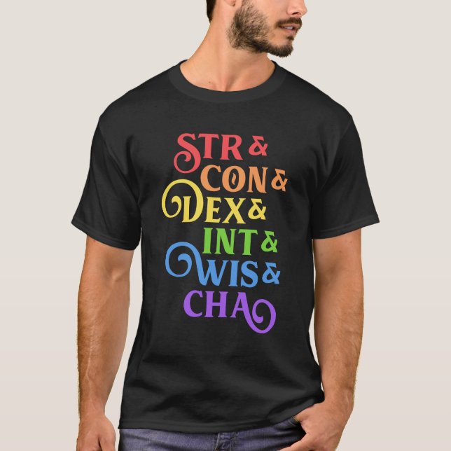Rainbow RPG Stats Tabletop T Shirt (Framsida)