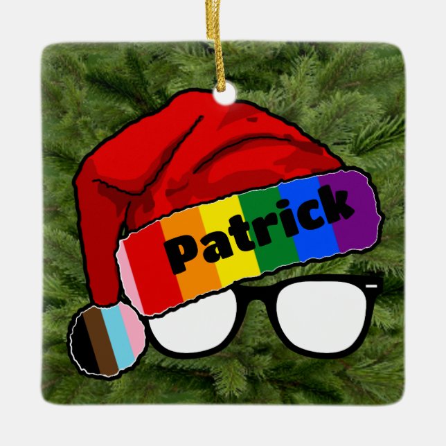 Rainbow Santa Hat med glasögon Julgransprydnad Keramik (Framsida)
