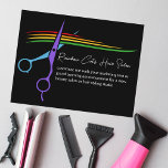 Rainbow Scissors Hair Stylist Chic Salon Marknadsf Vykort<br><div class="desc">En chic svart hårstilist-marknadsföring-vykort med en spricka av färg i logotypen för regnbågssaxar. Anpassa den här moderna HGBTQ-skönhetssalongen och formatera visitkort i coola-vita skript för en hårfrisör eller färgorist för ett stort öppnings- eller annat reklamevenemang.</div>