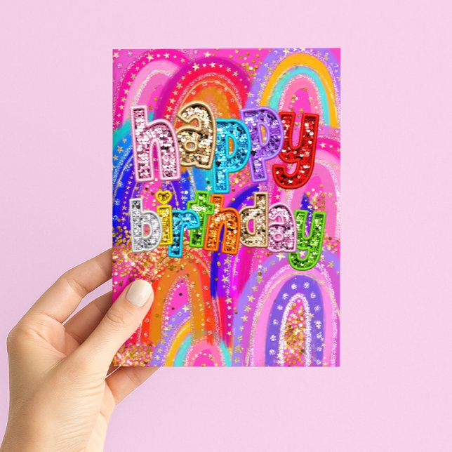 Rainbow Sequin Happy Birthday Card- Bright Glitter Kort (Skapare uppladdad)