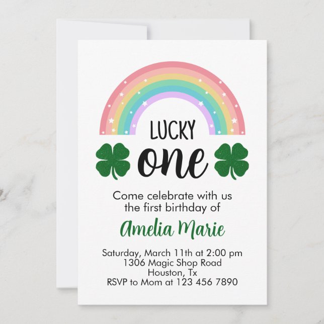 Rainbow & Shamrock Lucky Ett första födelsedag Inbjudningar (Framsida)