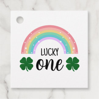 Rainbow & Shamrock Lucky One First Birthday Square Gåvor Etiketter