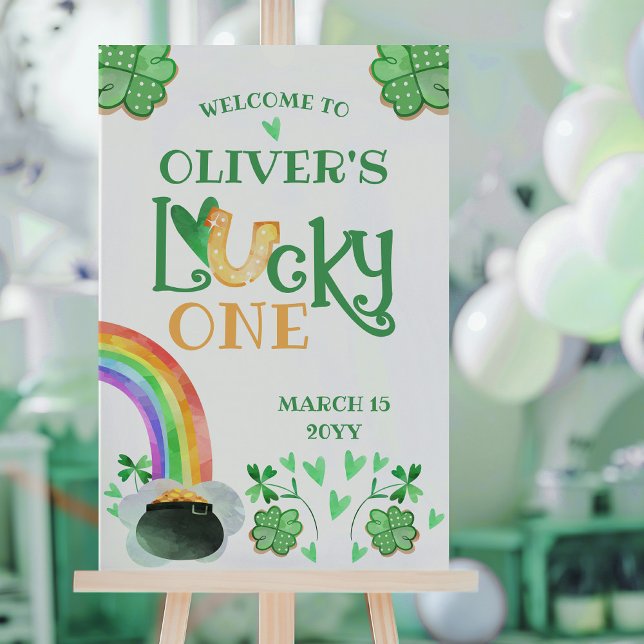 Rainbow Shamrock Lucky One First Födelsedagsfest Poster (Lucky One 1st Birthday St Patricks Themed Poster by Darling & May)