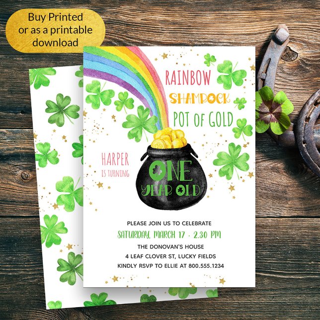 Rainbow Shamrock Pot of Guld 1:a födelsedagen Inbjudningar (Cute First Birthday St Patricks Themed Birthday Invitation)