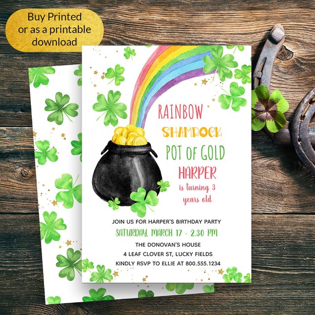 Rainbow Shamrock Pot of Guld Barns födelsedag Inbjudningar (Kids St Patricks Themed Birthday Invitation)