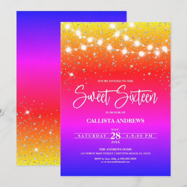 Rainbow Silver Glitter Sparkles Ljus Sweet 16 Inbjudningar (Fram/baksida)