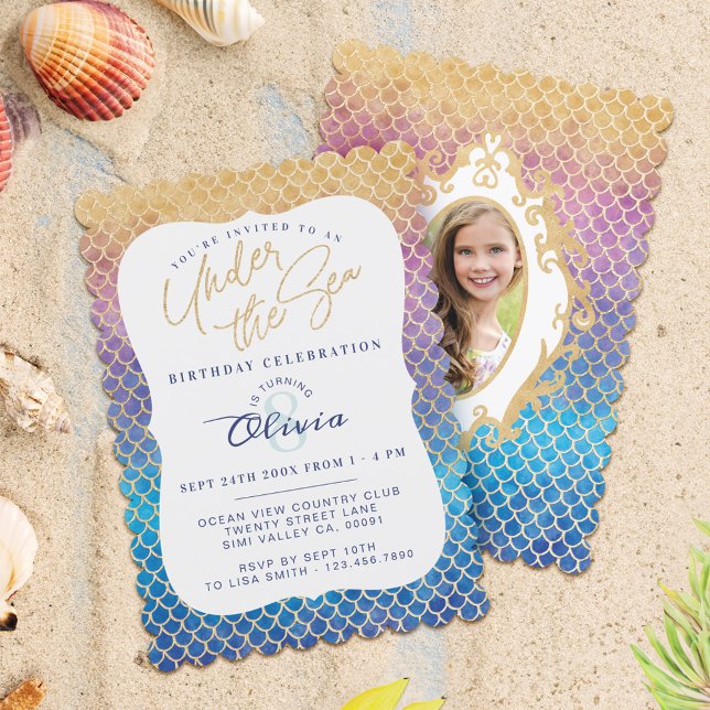 Rainbow Sjöjungfru Scales Photo Birthday-inbjudan Inbjudningar (Rainbow Mermaid Scales Photo Birthday Invitation)
