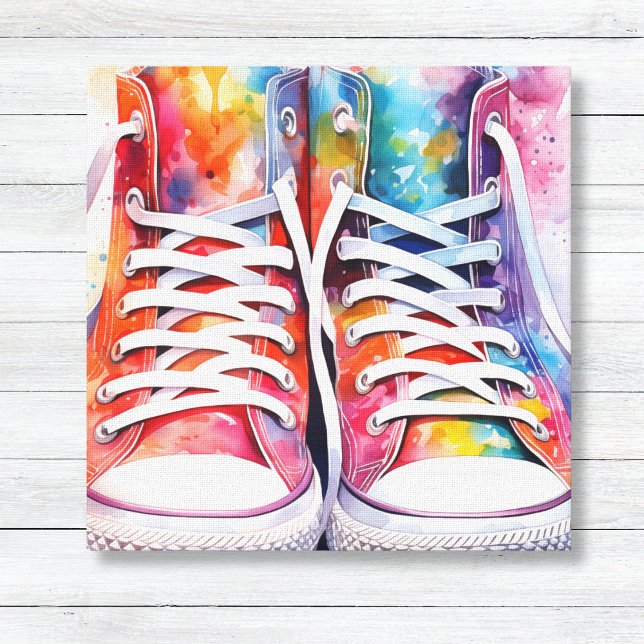 Rainbow Sneakers Watercolor Canvastryck (Rainbow High Top Sneakers Watercolor Wall Art for Kids Decor)