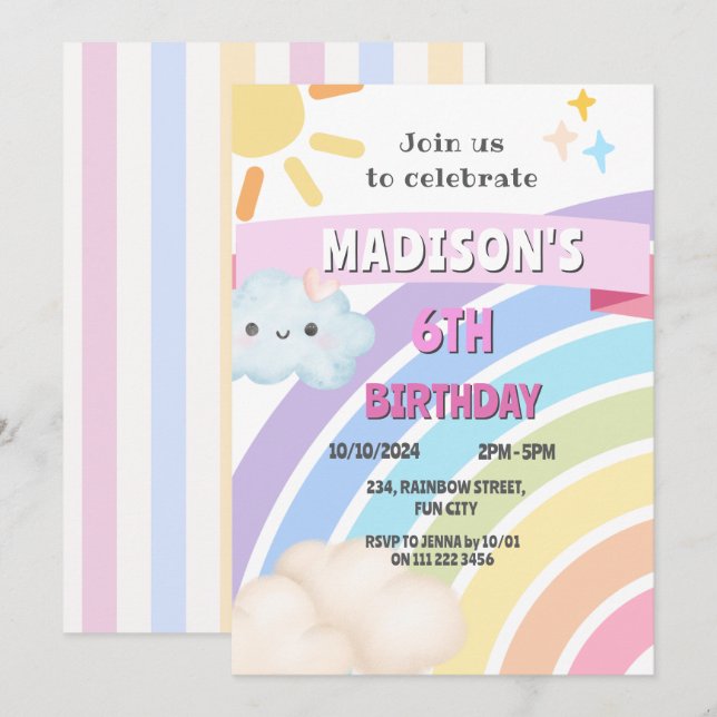 Rainbow Sol Cloud Kids Girl Cute Kawaii Birthday Inbjudningar (Fram/baksida)