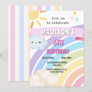 Rainbow Sol Cloud Kids Girl Cute Kawaii Birthday Inbjudningar
