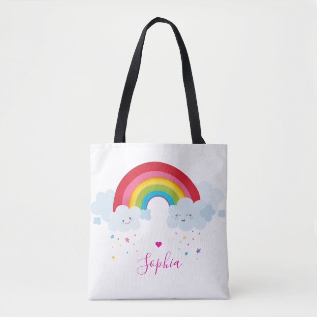 RAINBOW söta moln söt ljusa färger namn Tygkasse (Framsida)