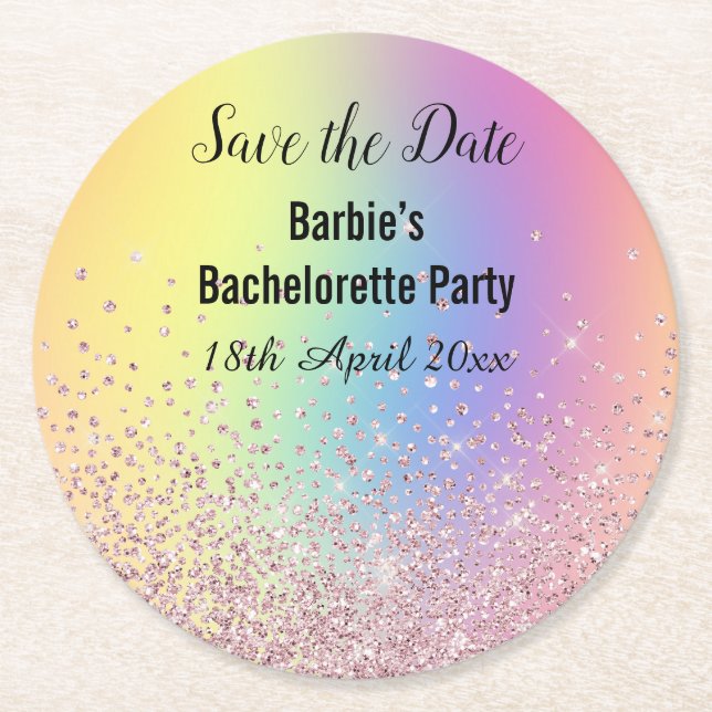 RAINBOW SPARKL ELEGANT SPARAR DATUM Bachelorette Underlägg Papper Rund (Framsidan)