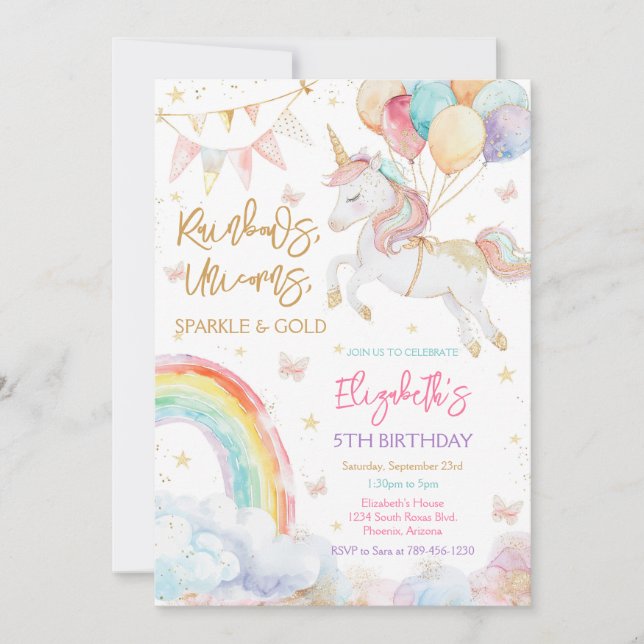 Rainbow Sparkle Unicorn Birthday Invitation Inbjudningar (Framsida)