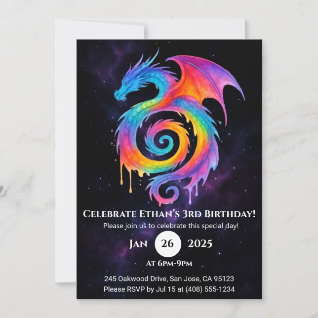 Rainbow Spiral Dragon Birthday Invitation Inbjudningar (Framsida)
