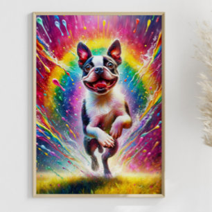 Rainbow Splatter Boston Terrier Colorful Art Poster