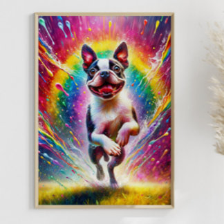 Rainbow Splatter Boston Terrier Colorful Art Poster
