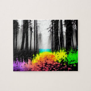 Rainbow Splatter Pours in Silhouette Forest Pussel