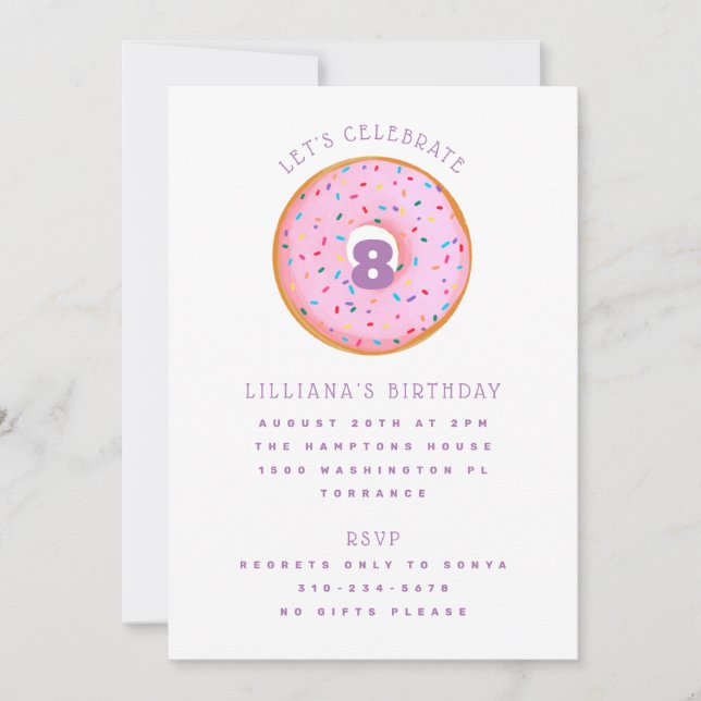 Rainbow Sprinkle Donut Rosa Lila Barns födelsedag Inbjudningar (Framsida)