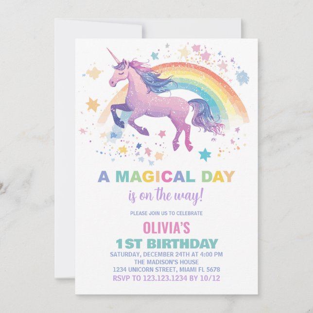 Rainbow Star Unicorn Birthday-inbjudningar Inbjudningar (Framsida)