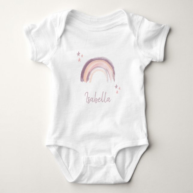 Rainbow & Stars Boho Muted Rosa Babynamn T Shirt (Framsida)