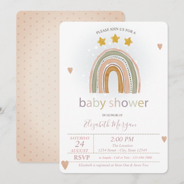 Rainbow Stars Hearts, Polka dots Baby Shower Inbjudningar (Fram/baksida)