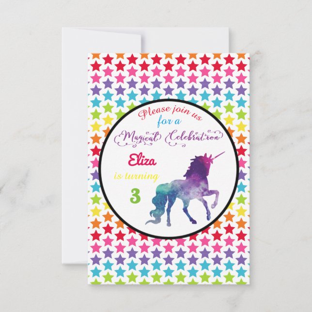 Rainbow Stars Unicorn - 3 x 5 födelsedagsinbjudan Inbjudningar (Framsida)